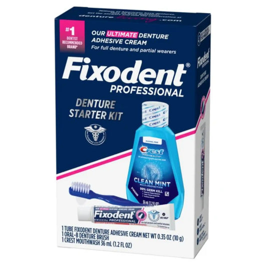 P&G - Fixodent Professional Denture Starter Kit. Contains Fixodent Prof. Denture Adhesive (0.35oz); Oral-B Denture Brush; Crest PRO-HEALTH Multi-Protection Clean Mint Mouthwash (36mL); Patient brochure with high-value coupons. 24/CS.