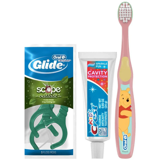 P&G - Oral-B Kids Toothbrush in Pooh character graphics; Kids Crest Cavity Protection Sparkle Fun flavor Toothpaste (.85 oz); Oral-B Glide Plus Scope Outlast Floss Picks, (3-pack Sachet); FREE Patient Sample Bags. 72 Bundles/CS (Old part # 80338956)