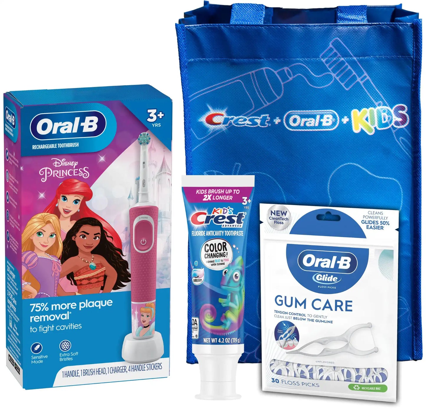 P&G - Oral-B Electric Toothbrush & Brush Head (Disney Princess Moana); Kid's Crest Advanced Color Changing Toothpaste, Bubble Gum (4.2 oz); Oral-B Glide Gum Care Floss Picks (30 ct); FREE Kids Bag. 3/cs (Old #s 80347216, 83529416)