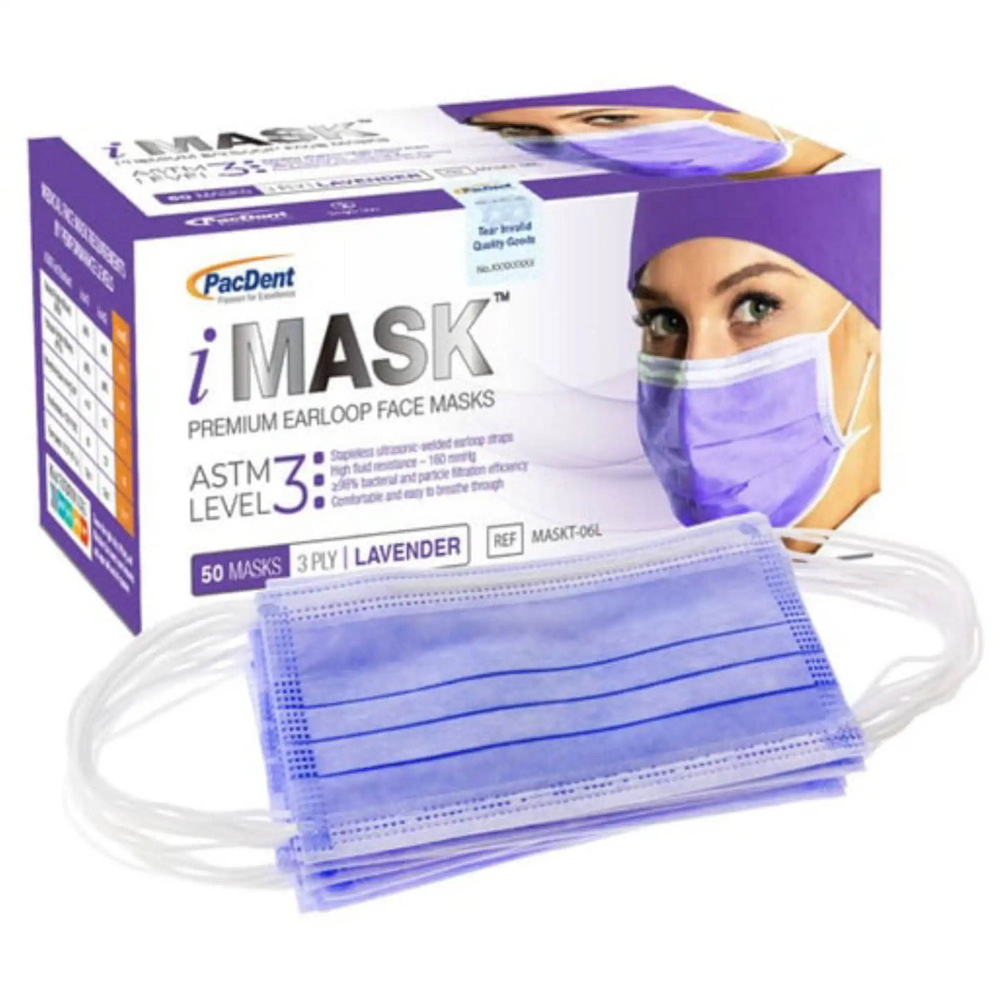 Pac-Dent - iMask ASTM Level 3 Ear-Loop Masks, Lavender, 50/Box