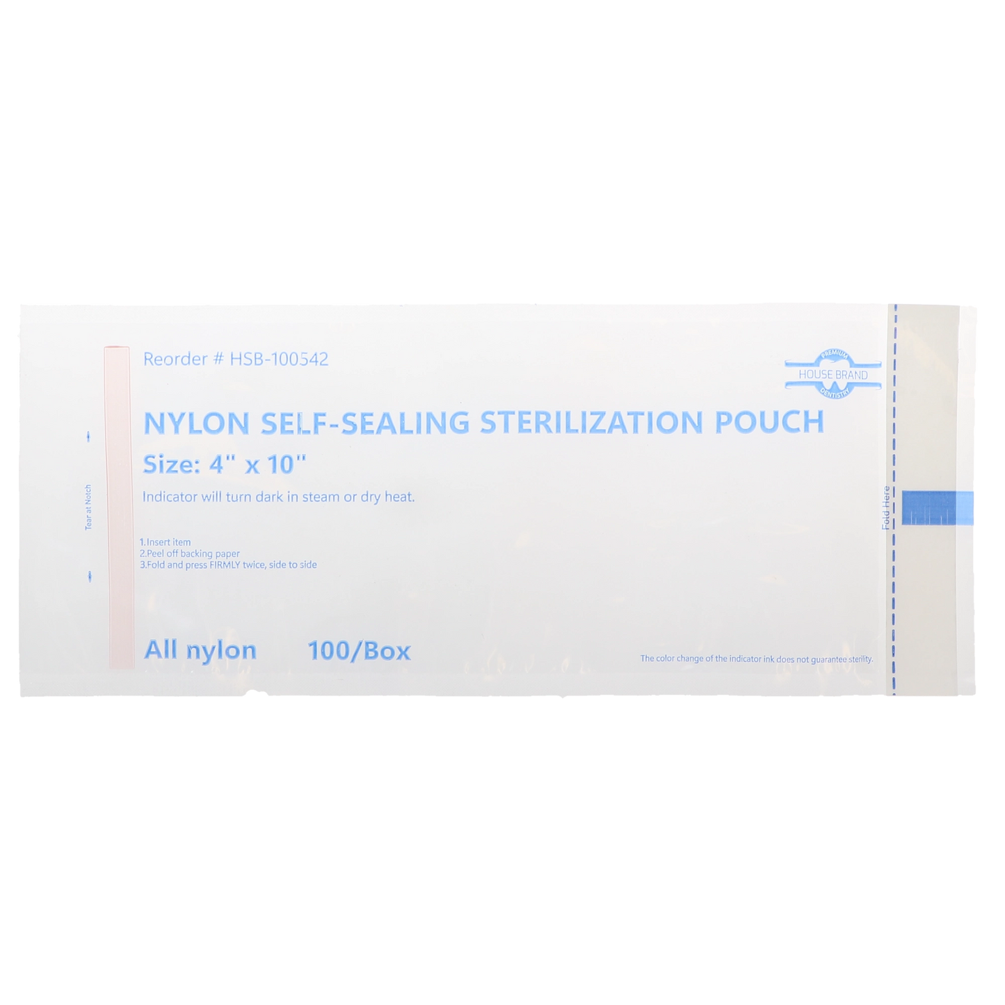 HSB - 4" x 10" - NYLON Self-Sealing Sterilization Pouch, 100/Box. All nylon