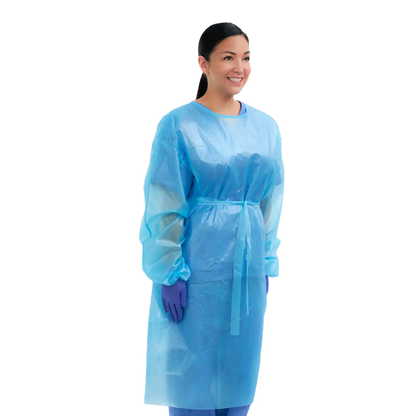 Plasdent - Premium Barrier Gown, Blue, Tie Back, Knit Cuff Sleeve, One Size Fits 10/Pk