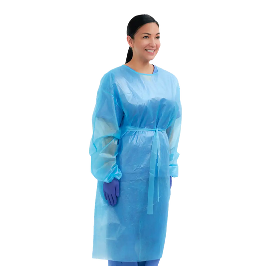 Plasdent - Premium Barrier Gown, Blue, Tie Back, Knit Cuff Sleeve, One Size Fits 10/Pk