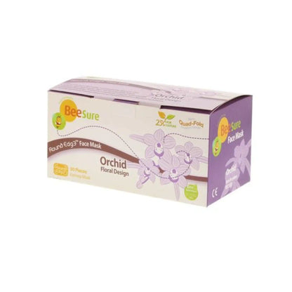 BeeSure Earloop Face Mask, ORCHID Printed Floral Design. 3-ply, 4-fold ear-loop