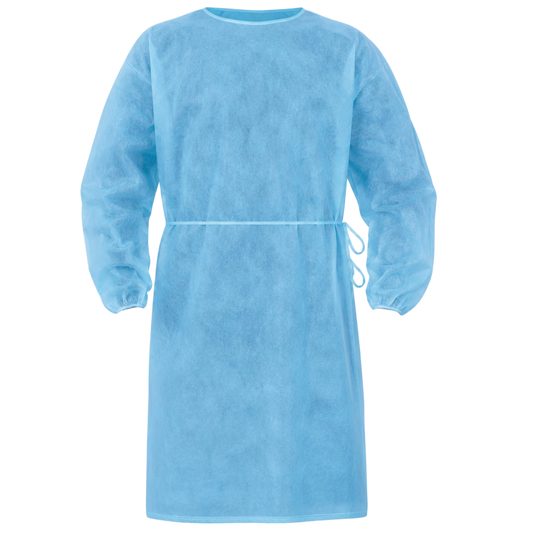 Safe-Dent Non-Woven Isolation Gown Blue with Elastic Cuffs, Two Ties, 100/Pk