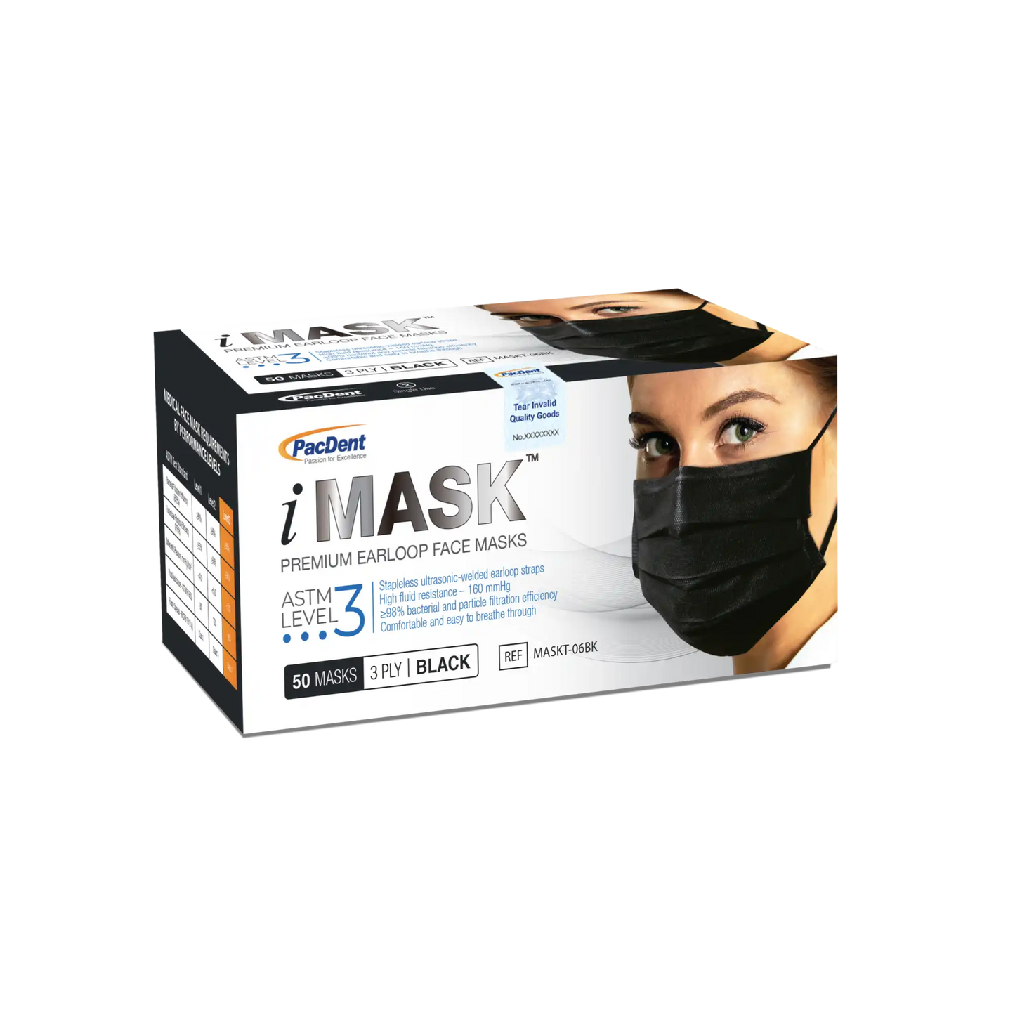Pac-Dent - iMask Premium Ear-Loop Masks ASTM Level 3, Black, 50/Box