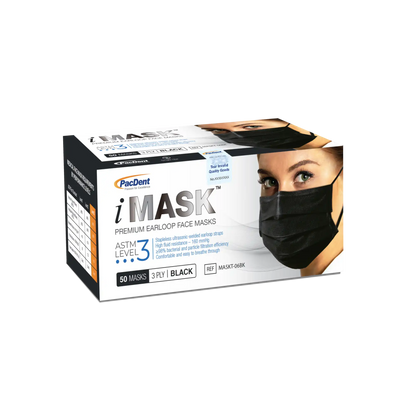 Pac-Dent - iMask Premium Ear-Loop Masks ASTM Level 3, Black, 50/Box