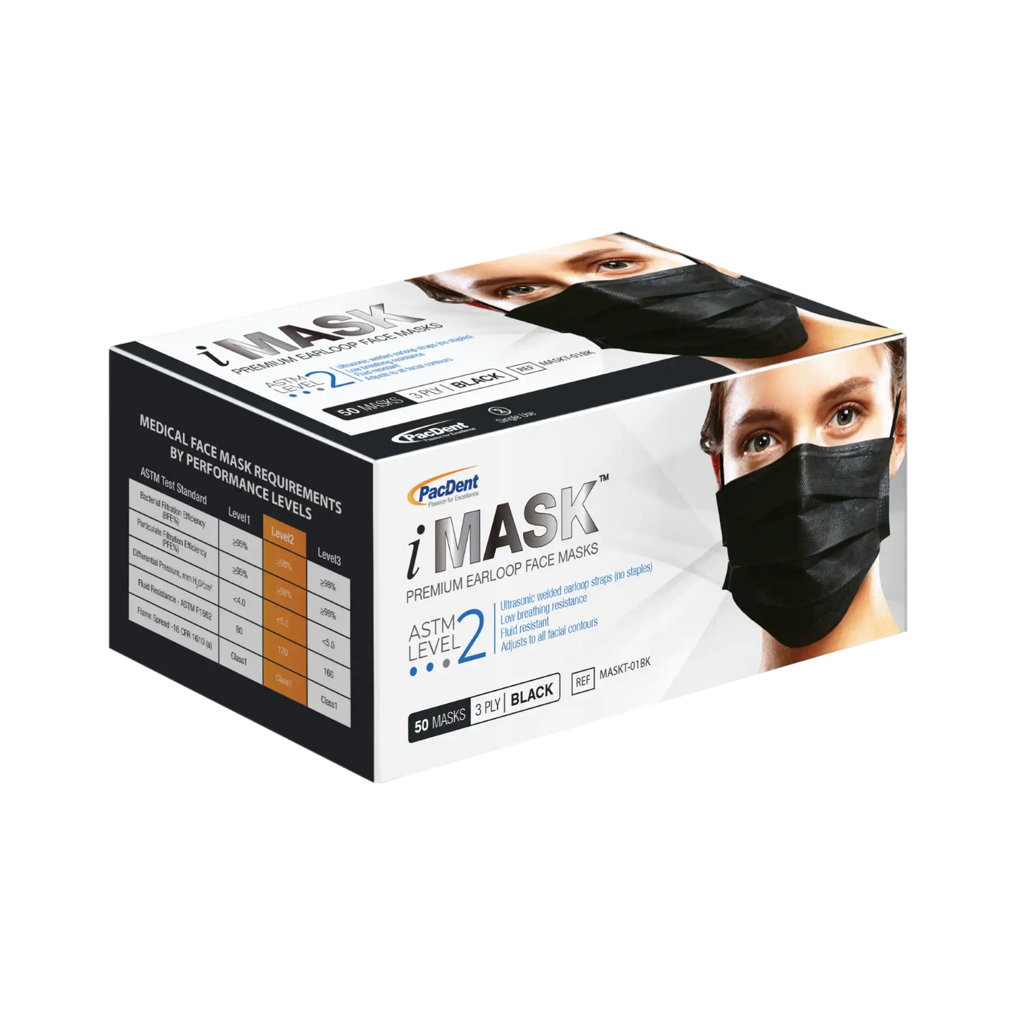 Pac-Dent - iMask Premium Ear-Loop Masks ASTM Level 2, Black 50/Box