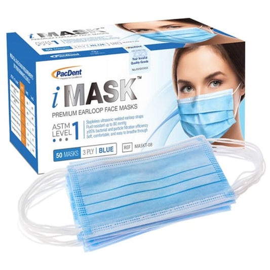 Pac-Dent - iMask ASTM Level 1 Ear-Loop Masks, Blue, 50/Box. Made from Non-Woven fabric