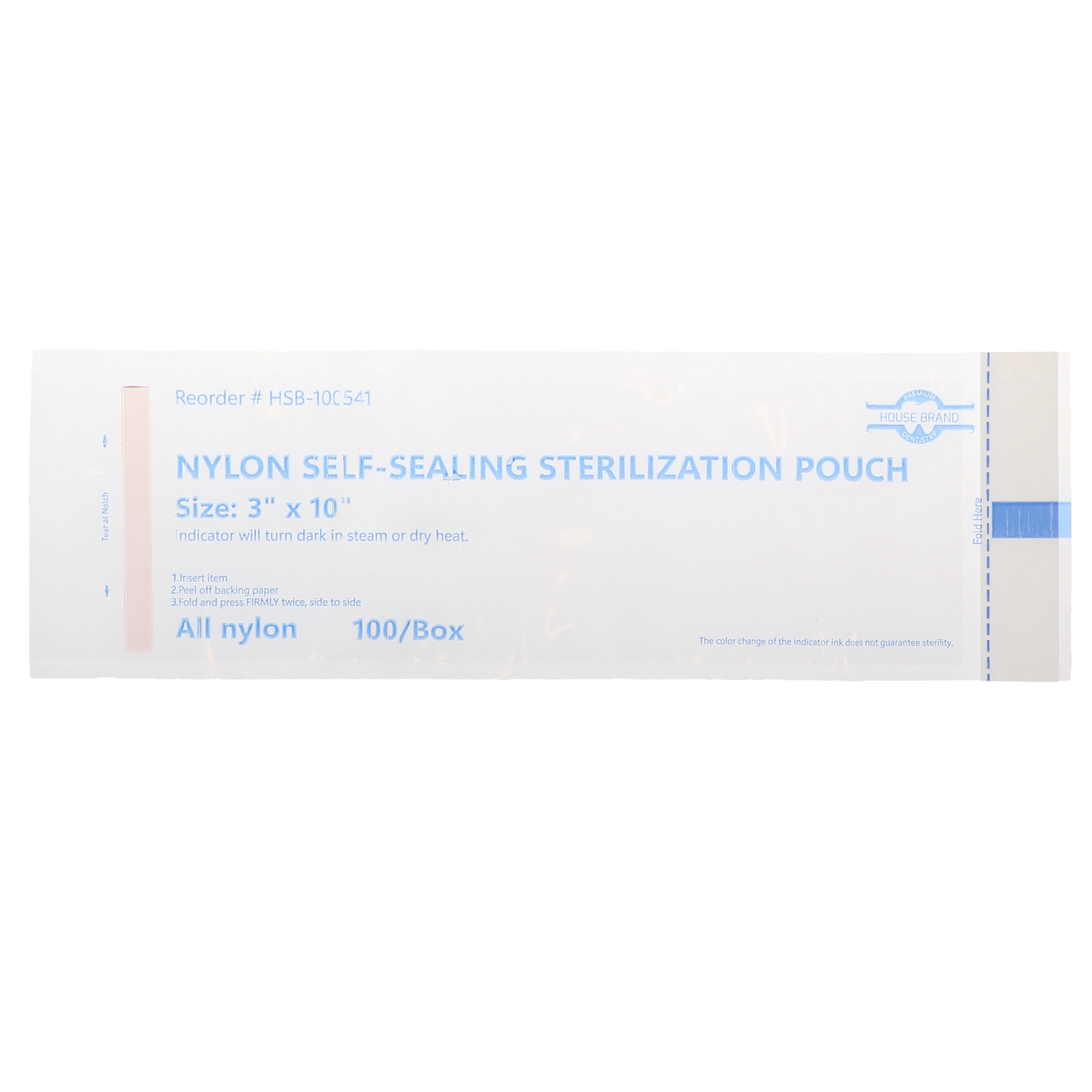 HSB - 3" x 10" - NYLON Self-Sealing Sterilization Pouch, 100/Box. All nylon